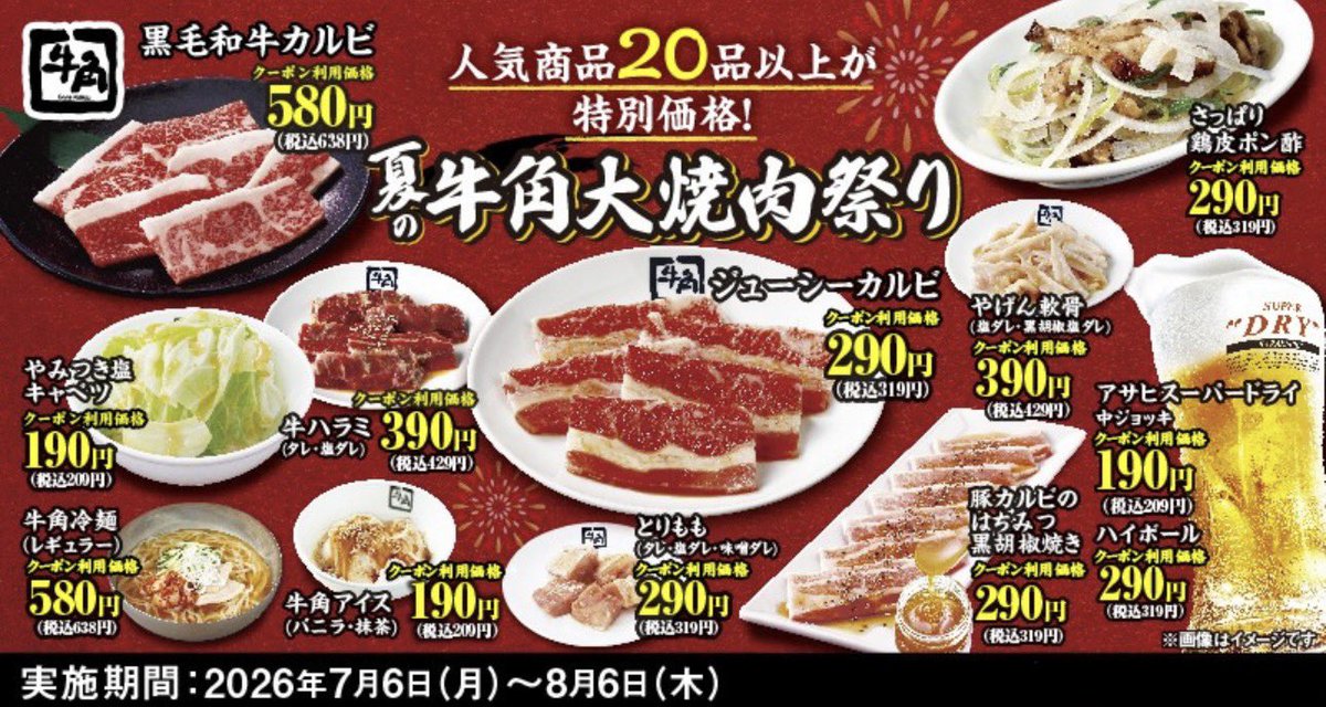 xxx_takoyakiman's tweet photo. 牛角が価格破壊のバグ企画をぶち上げてきた。
7月6日から『夏の大焼肉祭り』なる神イベを開催。

【大焼肉祭り価格】
・生ビール：190円
・ジューシーカルビ：290円
・さっぱり鶏皮ポン酢：290円
※他、全25品が対象

ビール何杯飲んでも1杯190円。お肉も290円からと実質食べ放題みたいな価格設定になってるの完全にバグってる…

期間も8月6日までとかなり長い。
これはビールと焼肉で優勝だ。