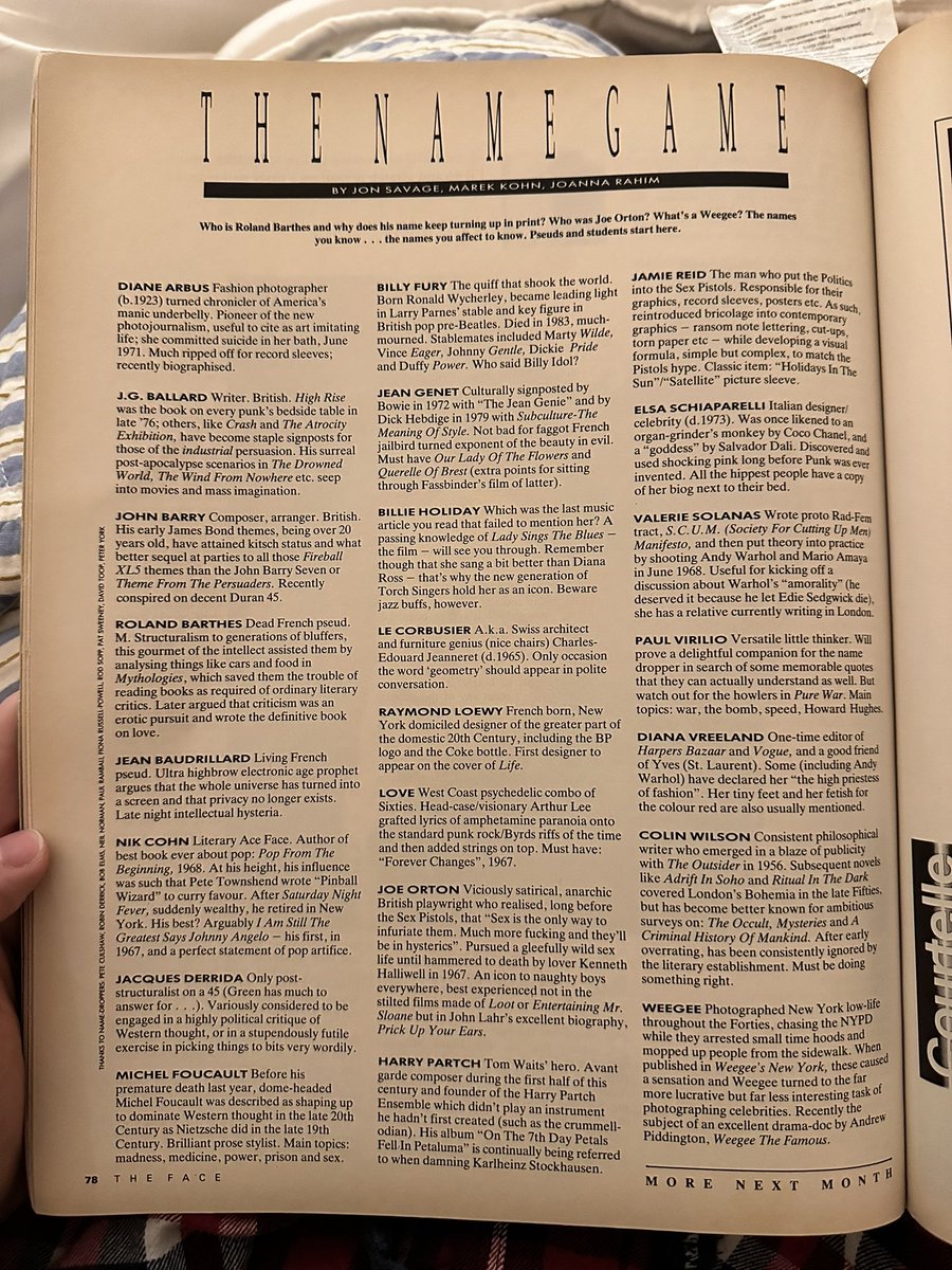 BarryPierce's tweet photo. a very pre-internet “names you should know” cheat sheet from a 1985 issue of The Face. Intellectualism used to be at our fingertips. https://t.co/FGnrJWIGtx