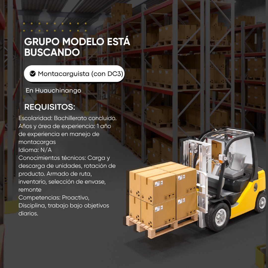 EMSADTL's tweet photo. 💼🚜 ¡Bolsa de Trabajo!
Grupo Modelo busca Montacarguista para integrarse a su equipo de trabajo. 📦
🌟 Aprovecha esta oportunidad de crecimiento profesional.
📌 ¡Postúlate aquí! 👉 https://t.co/akxjpuhs12 https://t.co/lZT6tnDO11