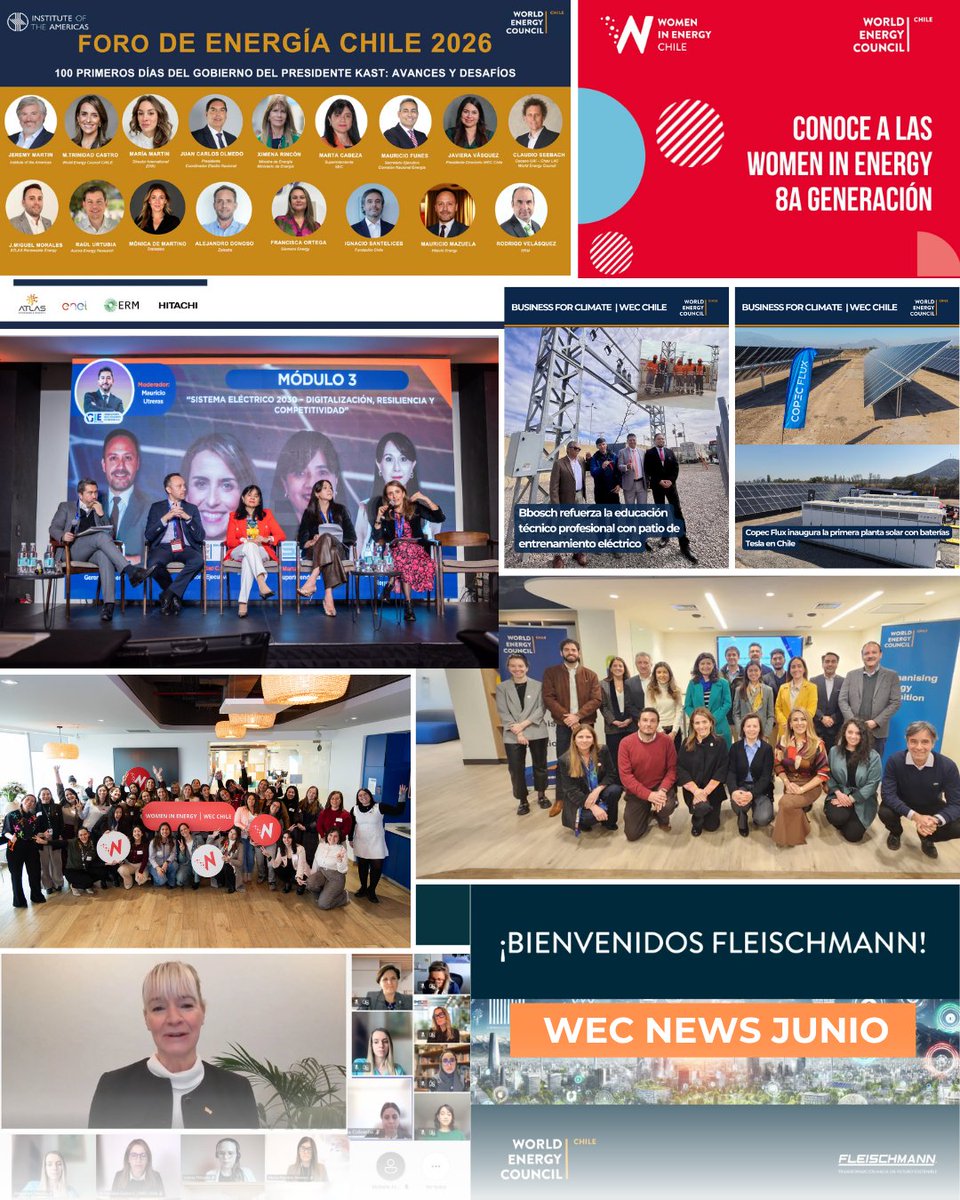 WEC_Chile's tweet photo. Ya está disponible una nueva edición de WEC News | Junio 2026.

Este mes compartimos los principales hitos que marcaron la agenda de @WEC_Chile y del sector energético.

- Conoce los detalles del Foro de Energía "100 primeros días del Gobierno del Presidente Kast: avances y desafíos", que estamos organizando junto a Institute of the Americas y que reunirá a destacadas autoridades y líderes de la industria.
- Revisa la ratificación de Javiera Vasquez como presidenta de WEC Chile y la elección de Pedro Urzúa como vicepresidente.
- Descubre las iniciativas que impulsan la transición energética, el avance de nuestra mesa de trabajo Busness for Climate, la incorporación de #Fleischmann como nuevo socio, los progresos de la 8ª Generación de Women in Energy y las principales novedades de la comunidad de WEC.

Te invitamos a leer WEC News de junio y mantenerte al día con lo más relevante del ecosistema energético

https://t.co/PQPKY2L0Wl