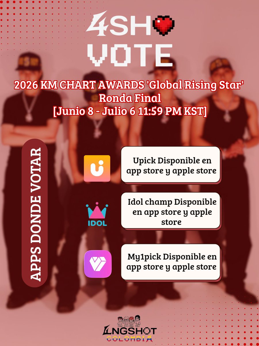 4shocol's tweet photo. ¡Shotties! ¿Ya votaron por LNGSHOT en los KMA 2026? Si aún no saben cómo hacerlo, acá les traemos una pequeña guía de las apps necesarias. ¡Ayudemos a los chicos a ganar ese ROTY con el que tanto sueñan!

#롱샷_신인상_받아야겠습니다
#AllShotsForLNGSHOT
#ShottiesVotingLockdown https://t.co/Sn0hoZDpNS