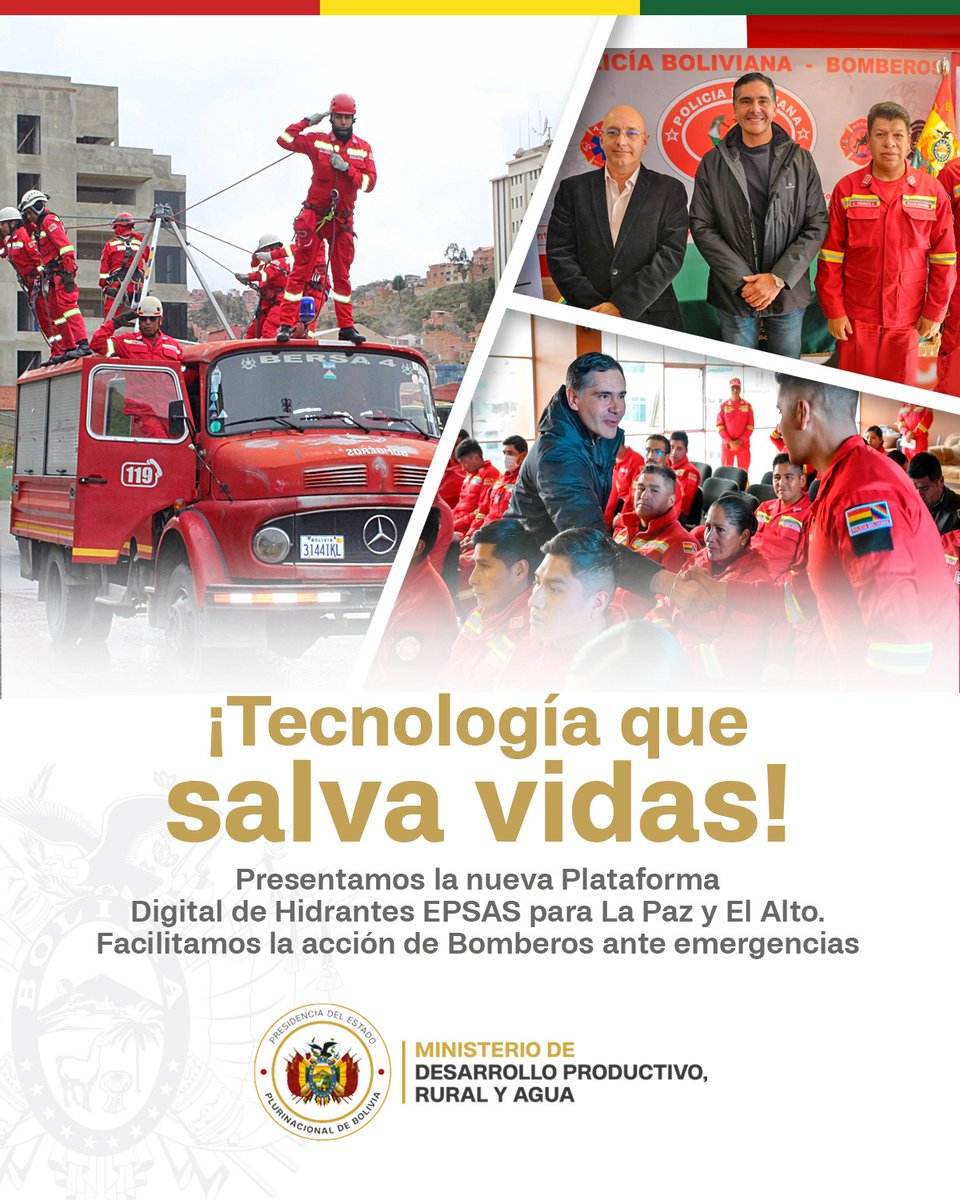 MDPRyABolivia's tweet photo. #MDPRyA | Tecnología que salva vidas
La nueva Plataforma Digital de Hidrantes EPSAS fortalece la respuesta de Bomberos en #LaPaz y #ElAlto, facilitando el acceso rápido a la ubicación de hidrantes durante emergencias. https://t.co/l1oscuLiHz