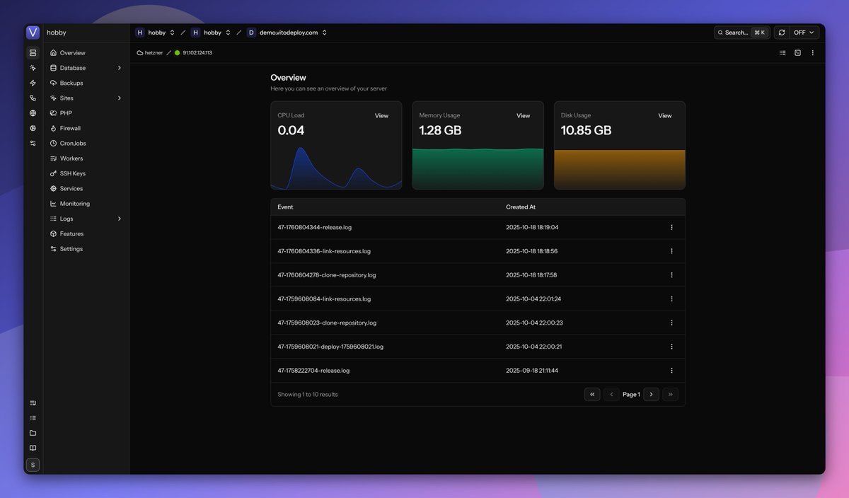 vitodeploy's tweet photo. VitoDeploy V4 is out! 🚀
The Big Shift: Vito goes realtime, top to bottom https://t.co/zNR8gpSahs
