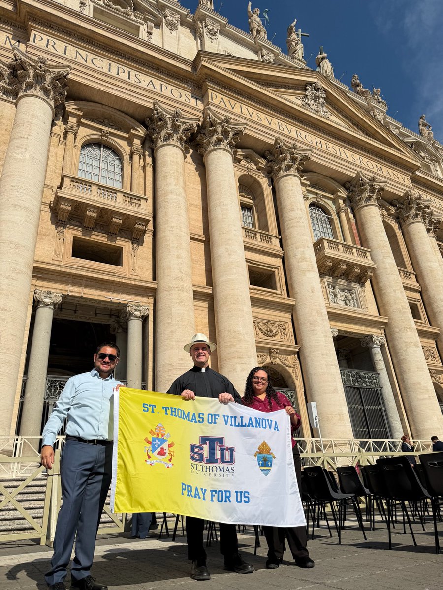 FatherCapo's tweet photo. What a grace-filled pilgrimage and mission trip to Rome for @StThomasUniv.  In communion with Pope Leo XIV, we strengthened partnerships with @UniSantaCroce and the Holy See, serving the Church’s mission and investing in young people. May Sts. Peter & Paul and St. Thomas of Villanova continue to guide us!