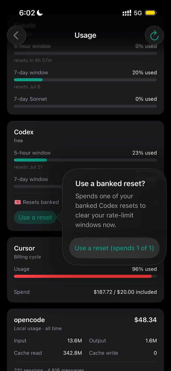 supermuxdev's tweet photo. You can now reset your codex usage directly from Supermux https://t.co/kOAkSi7tEl