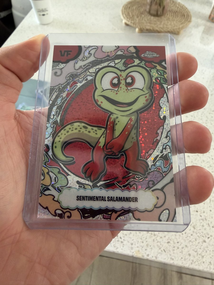 tuckermscott's tweet photo. @GhostKidArt brought over a bunch of boxes of @VeeFriendsCards @veefriends and we had some INSANE hits!! 
He introduced 4 of ys to Veefriends and now we’re hooked. Sentimental Salamander Manga red speckle 1/5 
Check it out @garyvee https://t.co/cAbtaBF60E