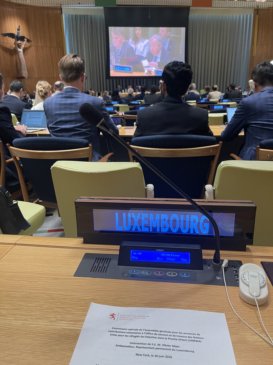 LuxembourgUN's tweet photo. At today’s pledging conference, Luxembourg reaffirmed its support for @UNRWA. We will provide at least €10 million annually through 2027 to help ensure vital services for Palestine refugees. It is an investment in human dignity, regional stability &amp; the two-State solution
🇱🇺🤝🇺🇳 https://t.co/CDskJNDvfY