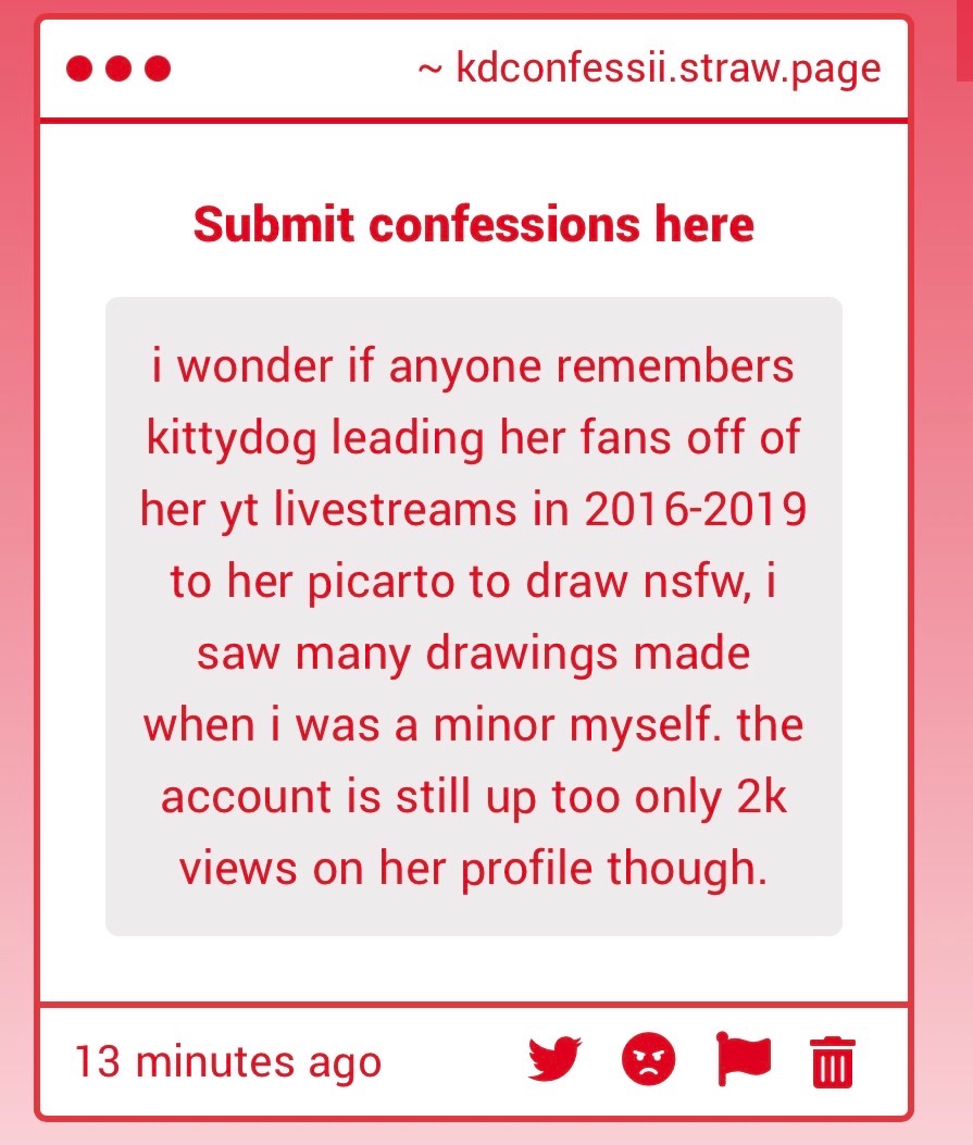 Kdconfessecond's tweet photo. HOLY SHIT this is the first time I’ve heard of that, that genuinely sounds so fucked up

Another thing that’s sort of related is that someone on her kf thread had found her nsfw account from when she was 12 which is extremely concerning https://t.co/rxBbNUipU5
