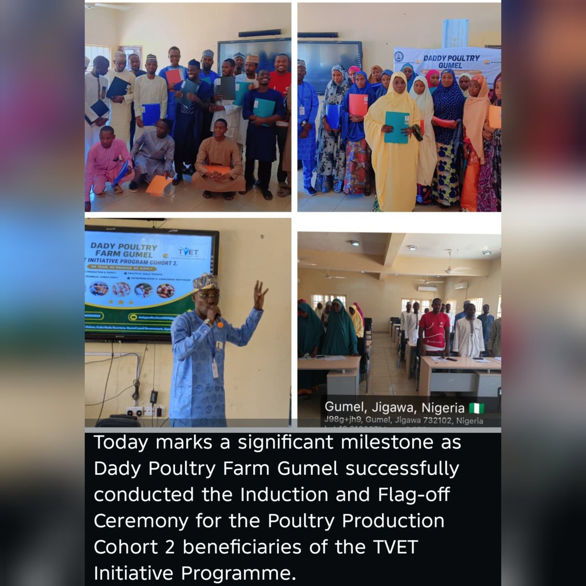 allefadil's tweet photo. Today marks a significant milestone as DADY POULTRY FARM GUMEL, JIGAWA STATE Successfully conducted the Induction and the flags- off Ceremony for  the POULTRY PRODUCTION Cohort 22 Benefitisries of the T-VET INITIATIVE PROGRAM. https://t.co/LbbnYBPFxh