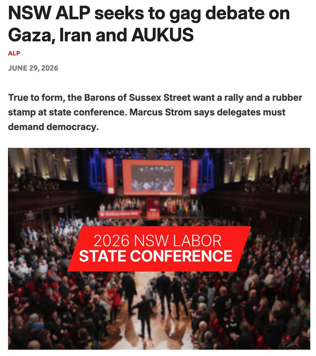 TribuneLabor's tweet photo. NSW ALP is trying to ensure there is no debate at state conference on AUKUS, Gaza and the Iran war despite dozens of branch motions on those matters.

Read more here: https://t.co/PKflX6EGFF https://t.co/IzMjmduc2e