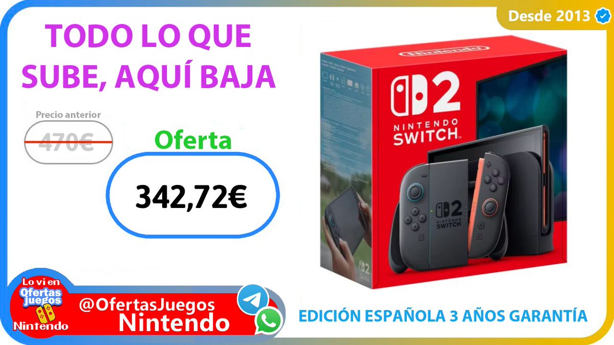 ofertasjuegoses's tweet photo. 💜 Nintendo Switch 2 

✂️ ESCD45

✅️+ PAGA CON PAYPAL/PAYPAL LATER

🤖 https://t.co/UZ3CZYRlA3

🧡Edición española vendida por "Juego and Game" con envíos rápidos desde España y garantía de 3 años. https://t.co/x4SIACVoWD