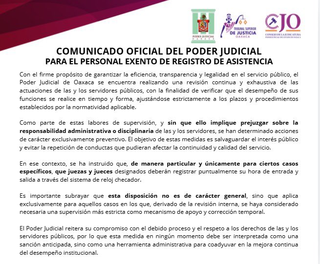 tsjoaxaca's tweet photo. #Entérate El Poder Judicial implementa medidas de carácter exclusivamente preventivo para personal exento del registro de entrada y salida, es decir, para juezas y jueces, en los casos que así se determinen.

Esta disposición NO aplica de manera general, sino únicamente a determinados servidores públicos en aquellos casos donde la revisión interna lo ha considerado necesario.

Conoce todos los detalles 👇🏽   https://t.co/CPutuplZaP