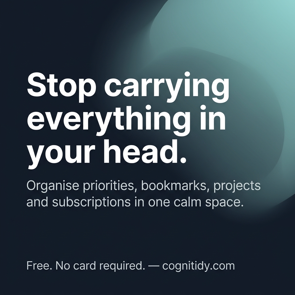 tooltilities's tweet photo. Stop carrying everything in your head.   Your priorities. The links you saved "somewhere." Projects with no visibility. Subscriptions you forgot about.   All of it - spinning, competing, draining your energy.   Cognitidy puts it all in one calm space:  https://t.co/l1jnn82nxj https://t.co/ONPA4TJGDE