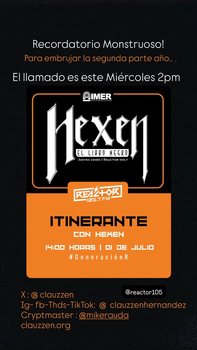 clauzzen's tweet photo. Recordatorio Monstruoso! 
Para embrujar la segunda parte del año…
El llamado de #labruja es este Miércoles a las 2pm @Reactor105 

#Hexen itinerante 
Este 1 de Julio caen las sombras por una hora! 

#darkculture 
@MikeRauda https://t.co/FVPboFqoBk