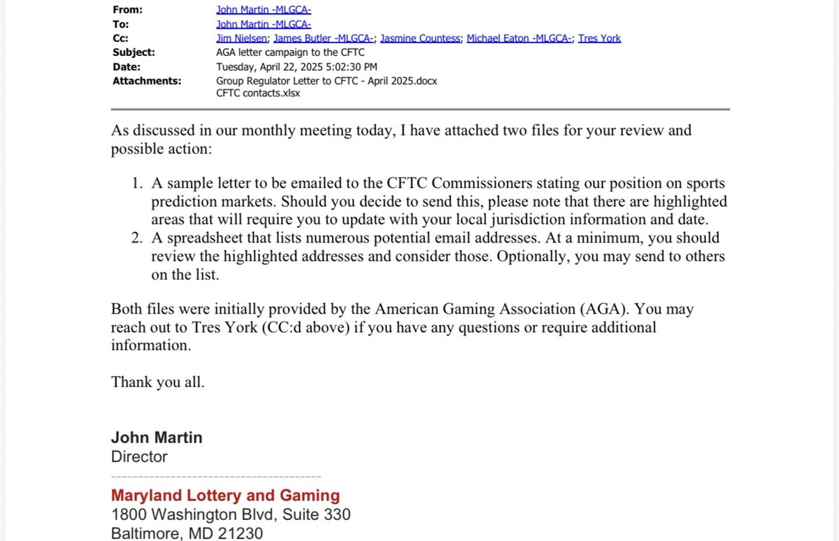 PredictAction's tweet photo. Copy. Paste. Send.

FOIA records show @AmericanGaming drafted a template letter attacking prediction markets, emailed it to "independent" state gaming regulators, and Maryland later submitted a nearly identical version to the CFTC on official state letterhead.

Drafting courtesy of the casino lobby.