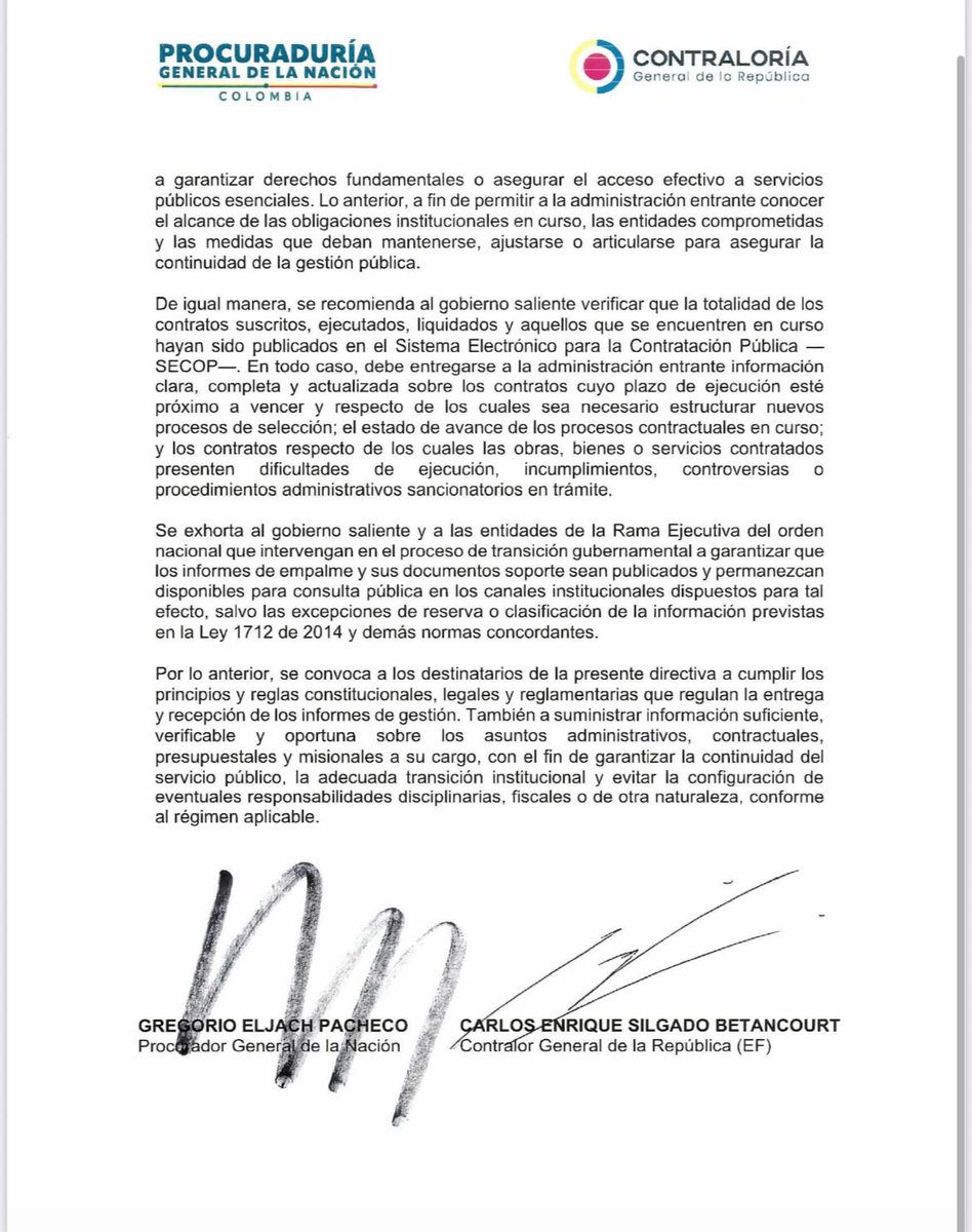 SofyCasas_'s tweet photo. La Contraloría y la Procuraduría emitieron la Directiva Conjunta 001 de 2026 para exigir al Gobierno saliente y a los servidores públicos del orden nacional una entrega completa de la gestión, contratos y asuntos pendientes. El documento advierte que omitir información o incumplir el proceso de empalme puede derivar en investigaciones y sanciones.