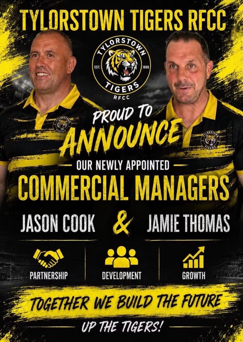 TylorstownRFCC's tweet photo. We’re proud to welcome Jason Cook and Jamie Tonka Thomas as our new Commercial Managers at Tylorstown Tigers RFCC.

Their appointment marks another exciting step forward for the club as we continue to strengthen our partnerships, grow our community and create new opportunities. https://t.co/lkf3EaDgPR