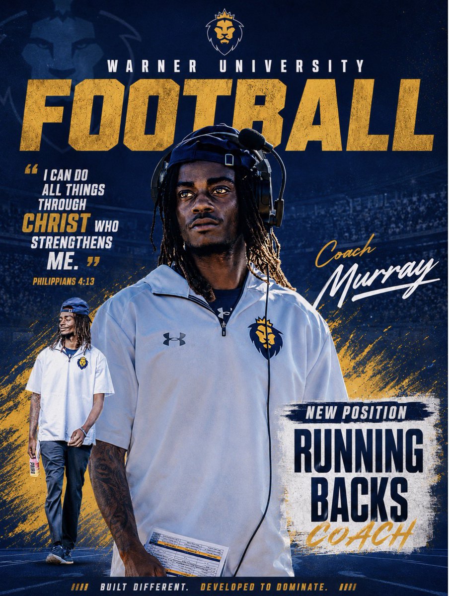 Coach_Murray0's tweet photo. Grateful for the opportunity to serve in a new role as Running Backs Coach at Warner University. Excited to pour into these young men on and off the field. All glory to God.
From Graduate Assistant WR Coach to Running Backs Coach. Growth comes from preparation, faith, and consistency. Let's work. 💙💛 #GoRoyals 🦁