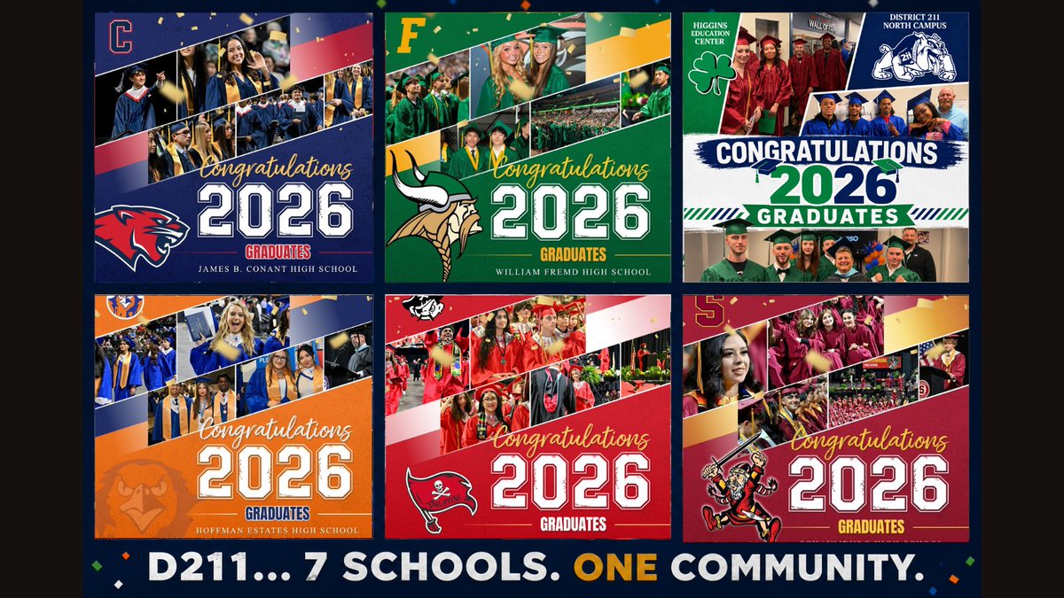 HSDistrict211's tweet photo. Congratulations to the Class of 2026! 🎓 We proudly celebrate our graduates. Whether you’re a Cougar, Viking, Hawk, Pirate, Saxon, Shamrock, or Bulldog, you will always be part of the District 211 family—and we can’t wait to see the futures you create! https://t.co/ci7d4nLkha
