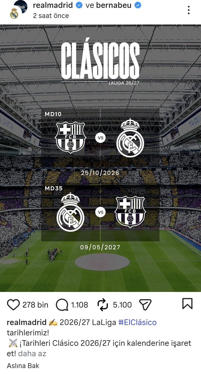 yellownavypen's tweet photo. La Liga'da da fikstür belli oldu.

Barcelona-Real Madrid maçı 25 Ekim 2026 ve 9 Mayıs 2027'de.

La Liga'da simetrik fikstür değil, asimetrik fikstür kullanılıyor. 1. haftada karşılaştığın takımla ligin 2. yarısında 17. haftada da oynayabiliyorsun.

Daha adil ve daha güvenilir. Peki Türkiye'de durum ne?

Henüz fikstür çekim tarihi dahi belli değil :))