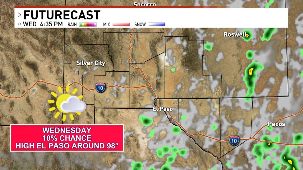 CBS4WarnWeather's tweet photo. As higher pressure returns this weekend. Triple digit temperatures look to return Saturday, the 4th of July.

Your Wednesday will be partly cloudy. 10% chance of a storm. We will see a high El Paso around 98°. Southwest wind 5-15+ mph.

Track our weather: https://t.co/RPkVbF6UuT https://t.co/qUpJuGfzgd