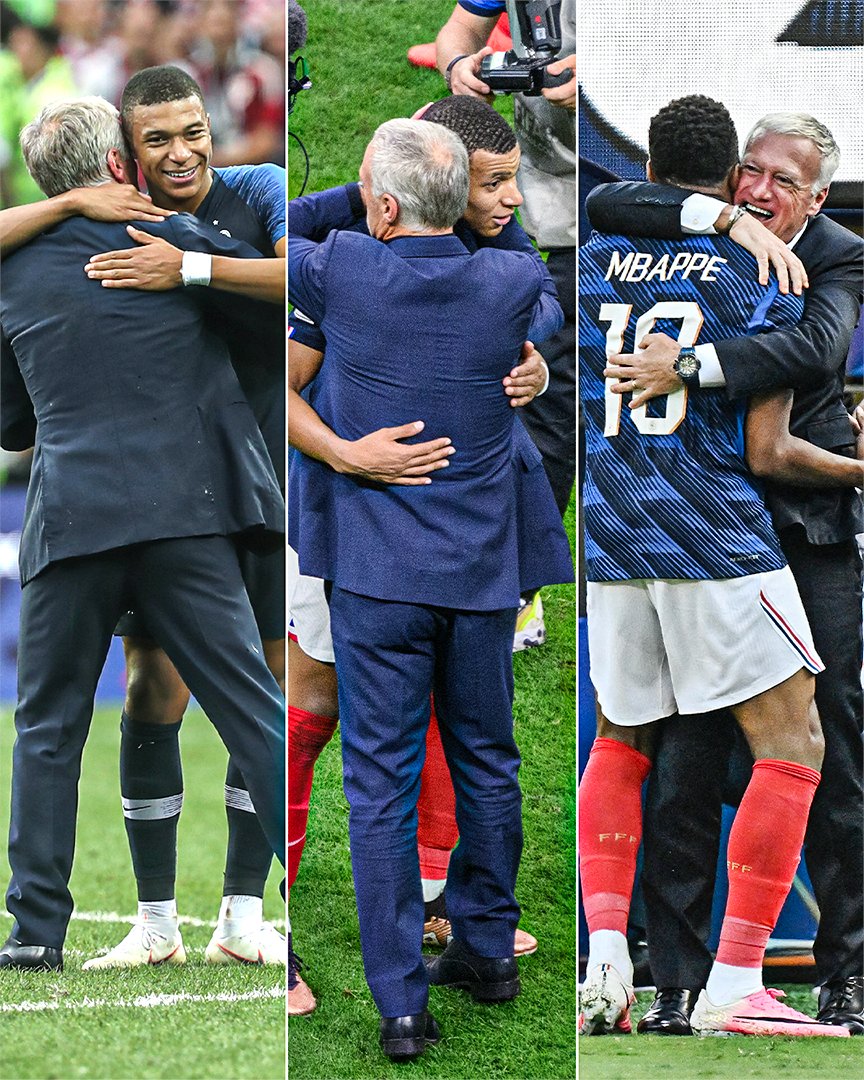 ESPNUK's tweet photo. Three different World Cups, same bond between Kylian Mbappé and Didier Deschamps 💙 https://t.co/hkhBAkv1eE