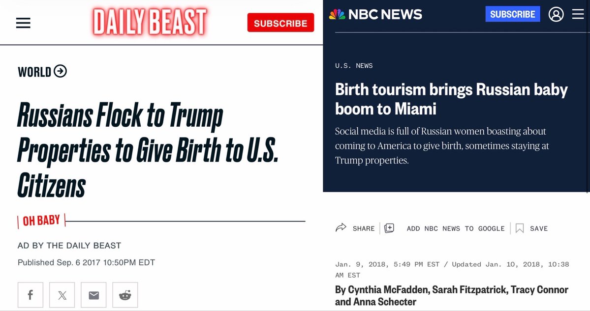 BigRedCeltTT's tweet photo. MAGA: “Someone from China can just come to the US, have a baby and invade our country.”

Fun Fact: MAGA didn’t care about birthright citizenship when it was Russians using Trump properties to arrange 50-100k USD “Birth Tourism Packages”. https://t.co/ukkCVcb2M7