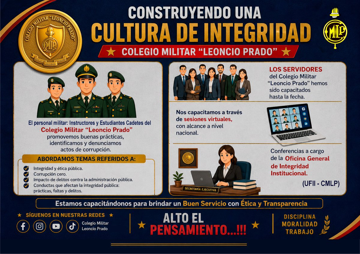 cmlp_web's tweet photo. 𝐂𝐎𝐍𝐒𝐓𝐑𝐔𝐘𝐄𝐍𝐃𝐎 𝐔𝐍𝐀 𝐂𝐔𝐋𝐓𝐔𝐑𝐀 𝐃𝐄 𝐈𝐍𝐓𝐄𝐆𝐑𝐈𝐃𝐀𝐃
El personal militar: Instructores y Estudiantes Cadetes del Colegio Militar "Leoncio Prado" promovemos buenas prácticas, identificamos y denunciamos actos de corrupción…ver más
#CulturaDeIntegridad https://t.co/4VDsQgZgaL