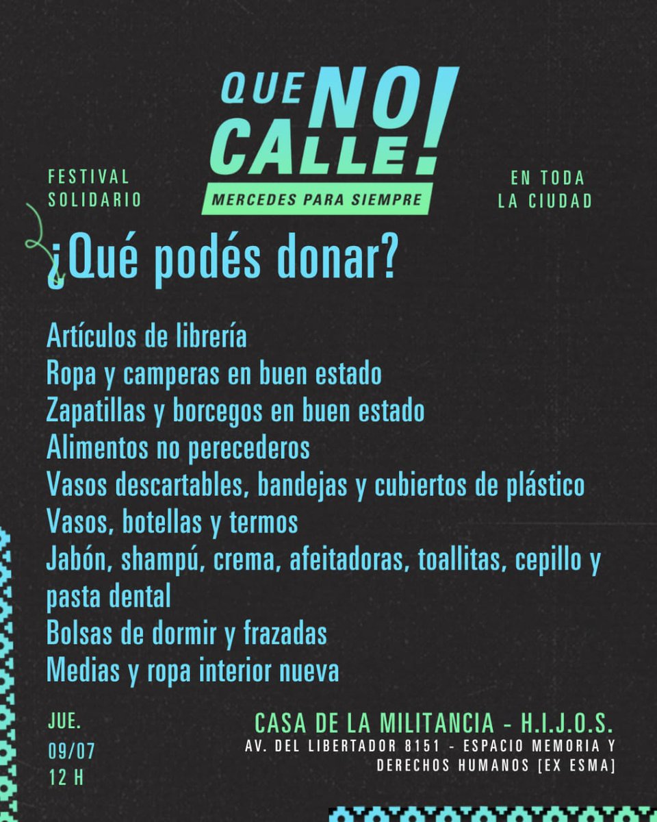 hijos_capital's tweet photo. Festival solidario

Que no calle
Mercedes para siempre 

El jueves 9 de julio desde las 12 horas
Locrazo
Muestras
Música en vivo

En la  Casa de la Militancia-H.I.J.O.S. 
@espacio_memoria (ex ESMA)

Entrada gratuita 
Acercá tu donación https://t.co/4Ds6VN63T8