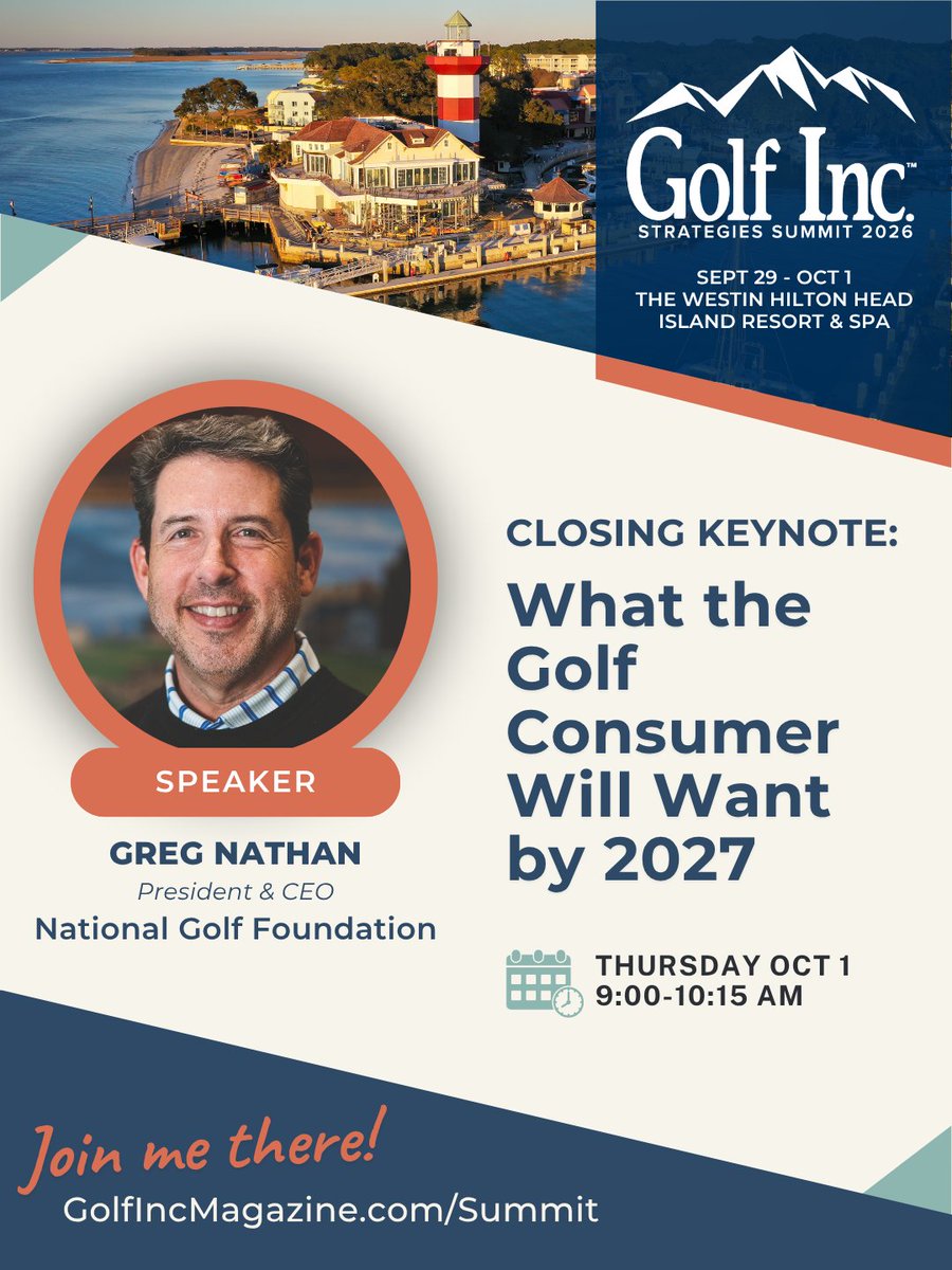 GolfInc's tweet photo. Join Greg Nathan, President & CEO at National Golf Foundation, at the 2026 Golf Inc. Strategies Summit.
 
Hear how golf course owners, operators and industry leaders are tackling today's biggest challenges, what's working at their courses and where they see the industry heading. Connect with peers, exchange ideas and build relationships with others who understand the business of golf.
 
Register here: https://t.co/q5HzbA9fuQ