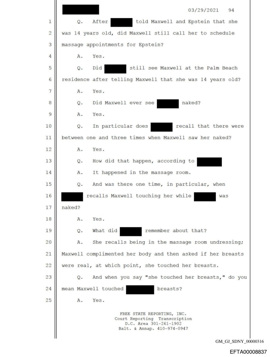 epsteinsearchin's tweet photo. Ghislaine Maxwell was told the girl was 14. The same sworn deposition, March 2021: after that, Maxwell kept scheduling her for Epstein's massages, saw her naked, and touched her.

She knew the age. She kept going. https://t.co/32yy32adNY