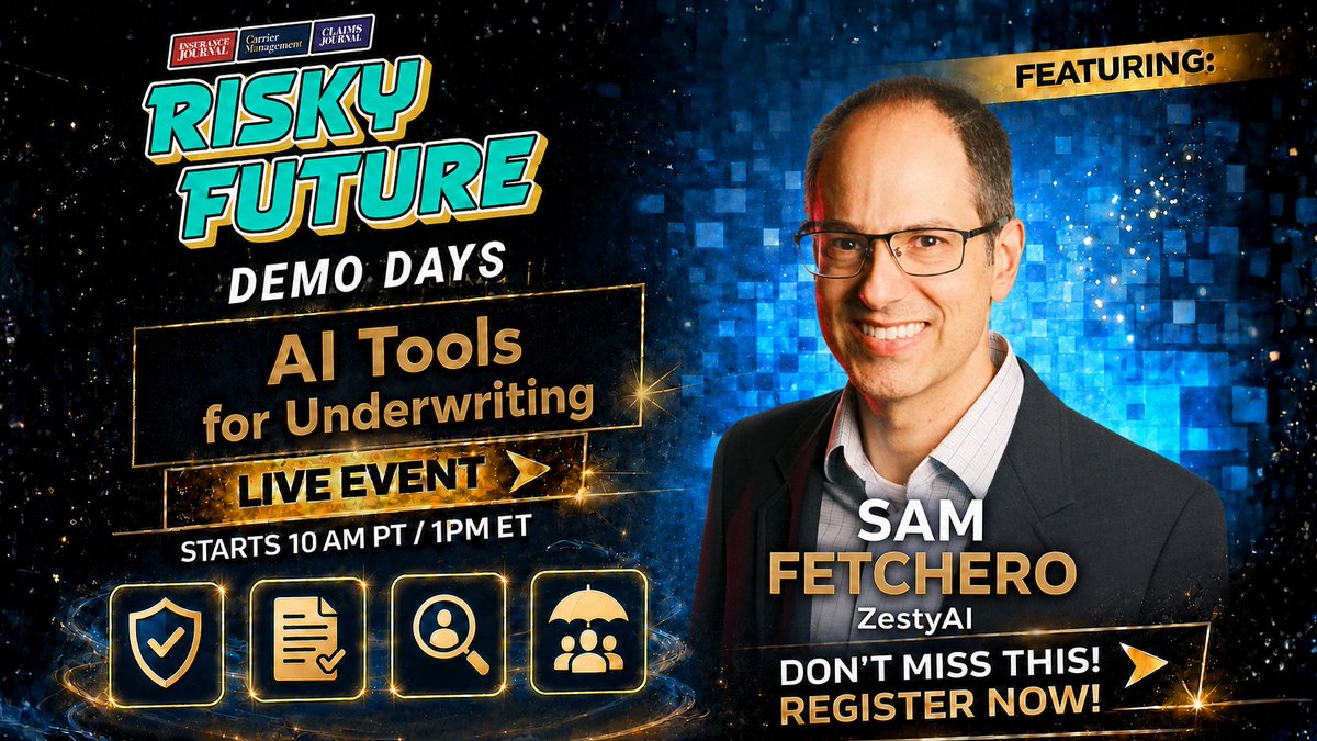 ijournal's tweet photo. https://t.co/aEa87WxKeW🚀 See AI underwriting tools in action.
If you're evaluating how AI can improve underwriting workflows, this is an event you won't want to miss.

Join us for AI Tools for Underwriting Demo Day on July 8 and watch live demonstrations from leading insurtech innovators showcasing how AI is helping carriers and MGAs streamline submissions, enhance risk evaluation, improve decision-making, and boost underwriting efficiency.

Watch featured Showcase presenter Sam Fetchero of @zestyai!
📅 July 8, 2026
💻 Online
🕙 Starts at 10:00 AM PT | 1:00 PM ET
🎟️ Free for insurance organizations
Reserve your spot today! https://t.co/aEa87WxKeW

#Insurance #Underwriting #ArtificialIntelligence