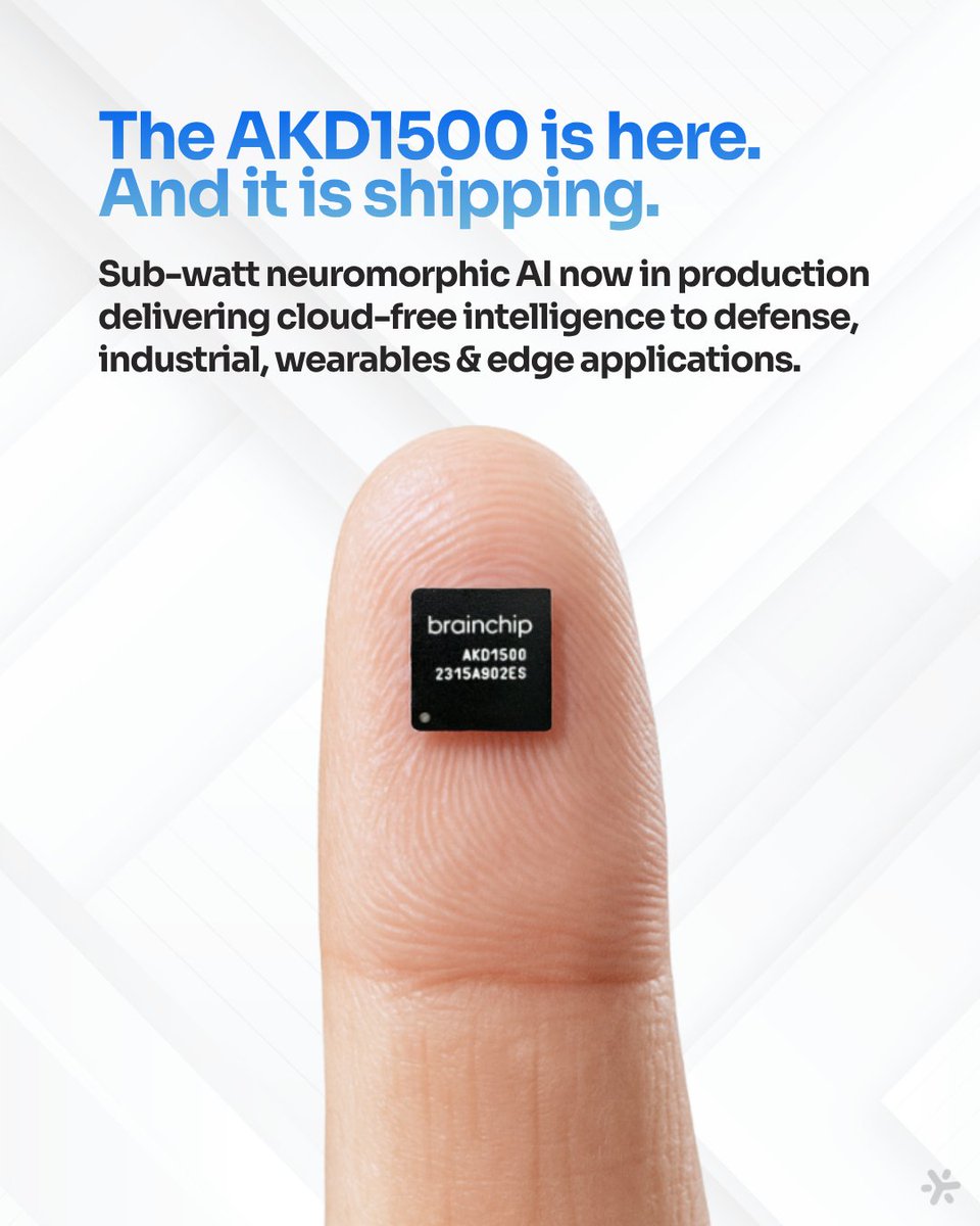 BrainChip_inc's tweet photo. BrainChip's AKD1500 is in commercial production and shipping now. Sub-watt. Cloud-independent.

Read the full release → https://t.co/pPBofc9mc6

#AKD1500 #NeuromorphicAI #BrainChip #EdgeAI https://t.co/UgDk3LBHaG