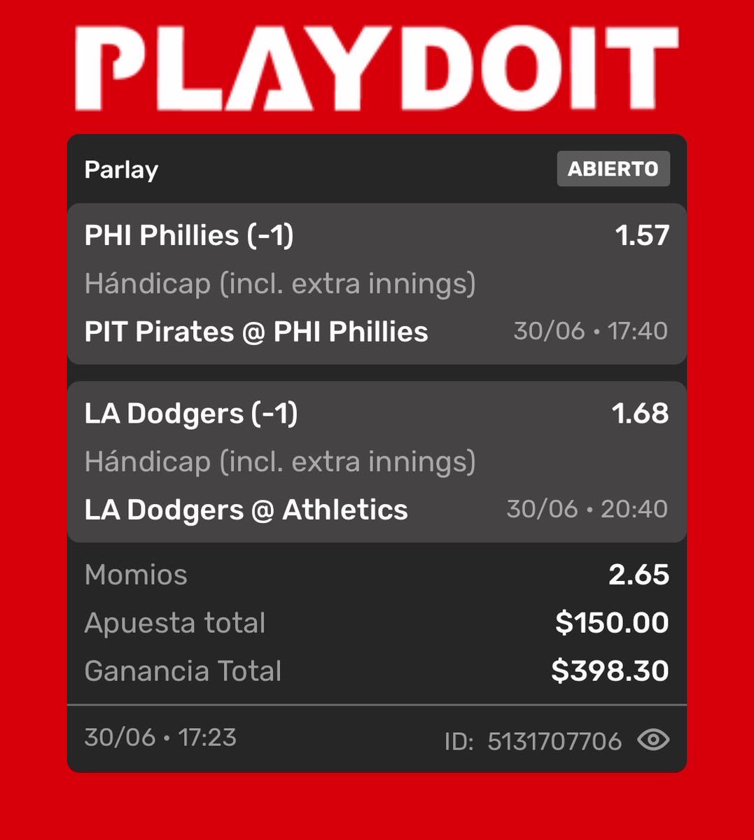 BatoBetsMX's tweet photo. BATOS, también nos gusta ganar dinero con la MLB🤑

ESTA ES LA LOCK DEL DÍA

❤️Para apuestas gratis todos los días
#mlb #mlbpicks #phillies #DODGERS https://t.co/UzL6DWP2CZ