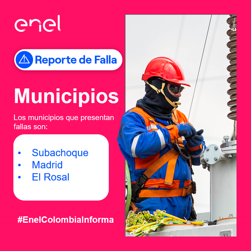 EnelClientesCO's tweet photo. #Cundinamarca nuestro equipo se dirige a la zona para identificar la falla reportada, seguimos trabajando para ti 👨‍🔧⚡

Los municipios afectados son:
 Subachoque, Madrid, El Rosal

Te invitamos a estar pendiente de nuestros canales para mayor información. https://t.co/Krkj283jrX