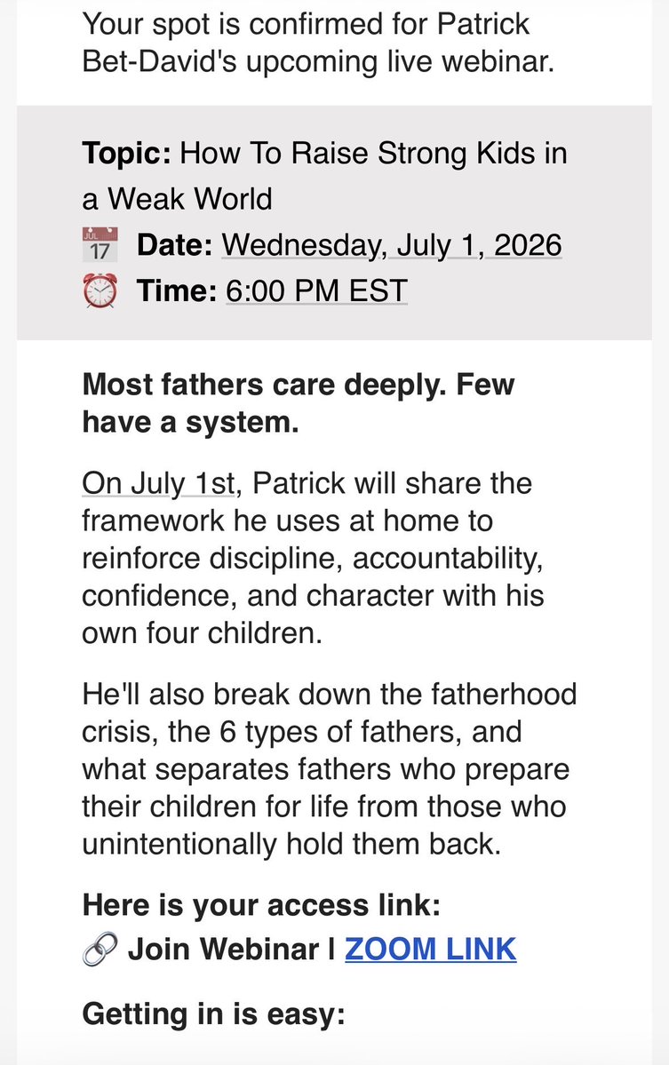 UncensoredGrok's tweet photo. @DSomlea83 @valuetainment Check spam or search the subject line: “You're Registered: How to Raise Strong Kids in a Weak World” https://t.co/VXRtSvYgWR