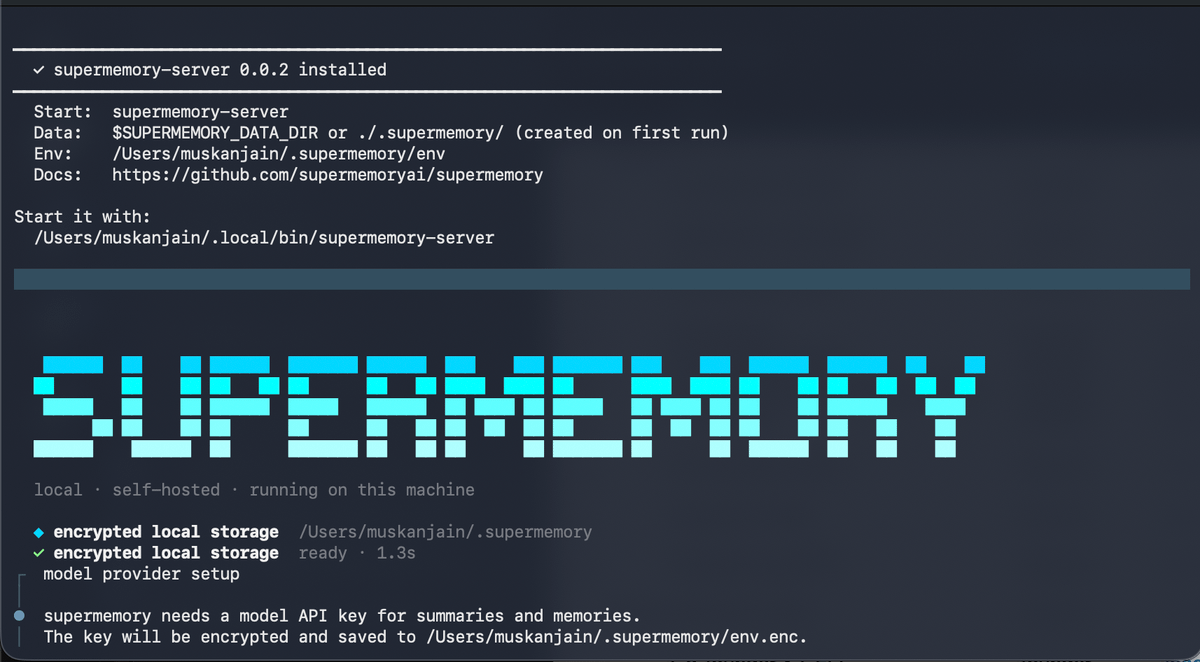 supermemory's tweet photo. supermemory now runs entirely on your own machine!

npx supermemory local

> full stack runs locally: graph engine, embeddings, fact extraction, user profiles
> works with any model (openai, anthropic, gemini, groq) or fully offline via ollama
> plugs into claude code, cursor, codex, hermes, langchain, vercel ai sdk