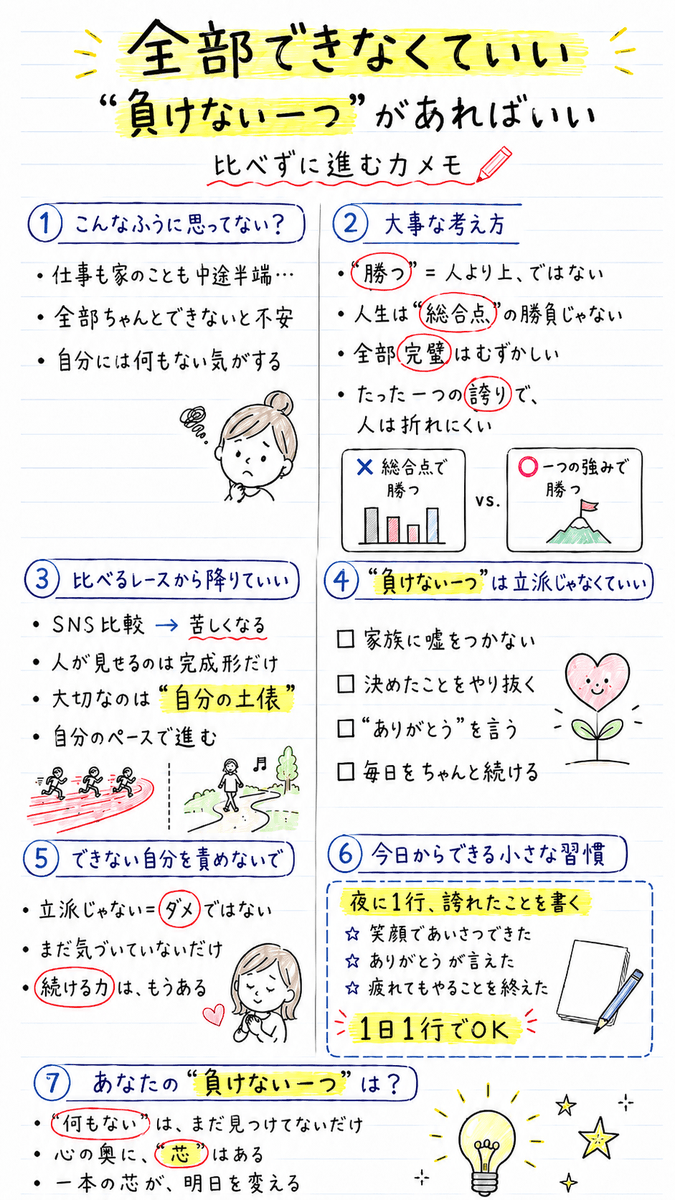 coh_enzyme's tweet photo. 「自分には何もない」と感じたら、思い出してほしいこと。

✔ 全部できなくていい
✔ 比べる相手は昨日の自分
✔ "負けない一つ"が人生を支えてくれる

詳しく記事にまとめました📖

#マインドセット #自己啓発 https://t.co/P86e8PQnKU