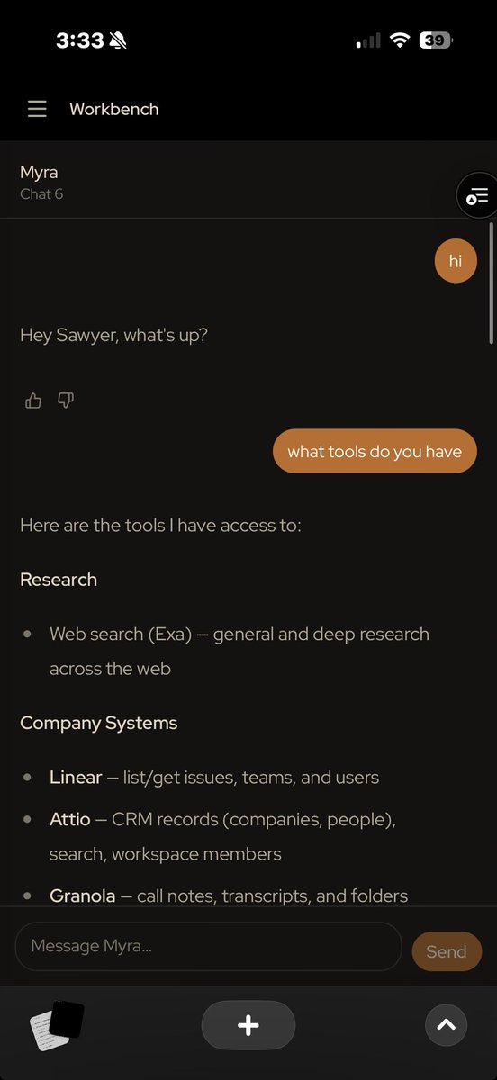 TheGreatAxios's tweet photo. Building on @corbitsdev is amazing because the same core libraries can power everything from agentic coding solutions to full platforms (like Workbench). 

Myra is a personal agent/chief of staff running all throughout Workbench, my first full platform I’ve created on top of Corbits, and today she’s officially working on mobile