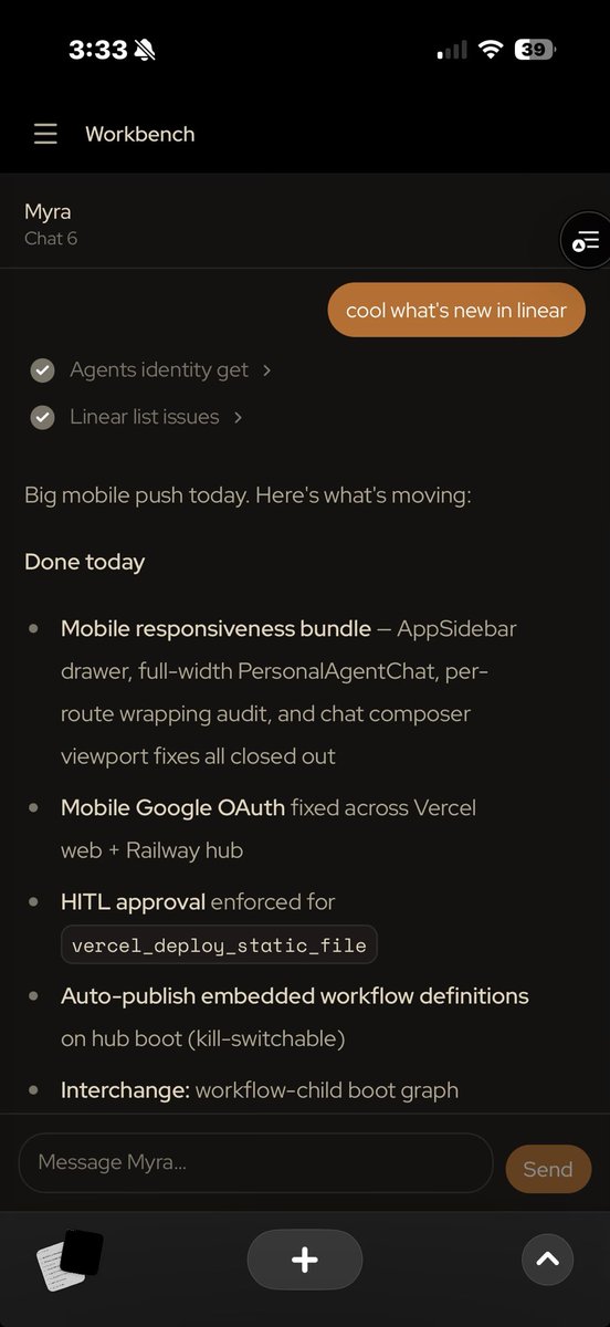 TheGreatAxios's tweet photo. Building on @corbitsdev is amazing because the same core libraries can power everything from agentic coding solutions to full platforms (like Workbench). 

Myra is a personal agent/chief of staff running all throughout Workbench, my first full platform I’ve created on top of Corbits, and today she’s officially working on mobile