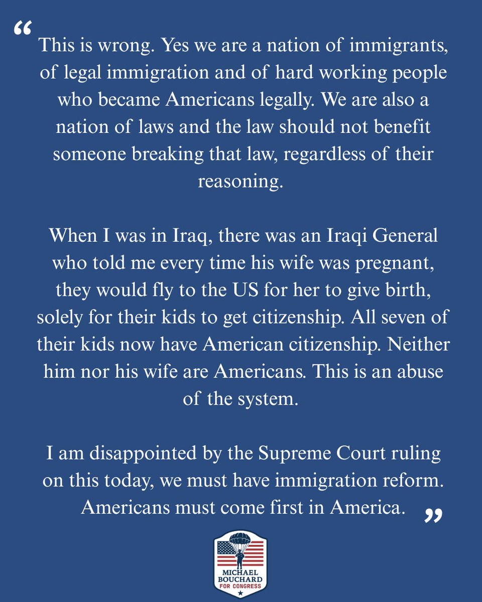 BouchardforMI's tweet photo. I am disappointed by the Supreme Court ruling on this today, we must have immigration reform. Americans must come first in America. 🇺🇸 https://t.co/u8uwXwVwFz