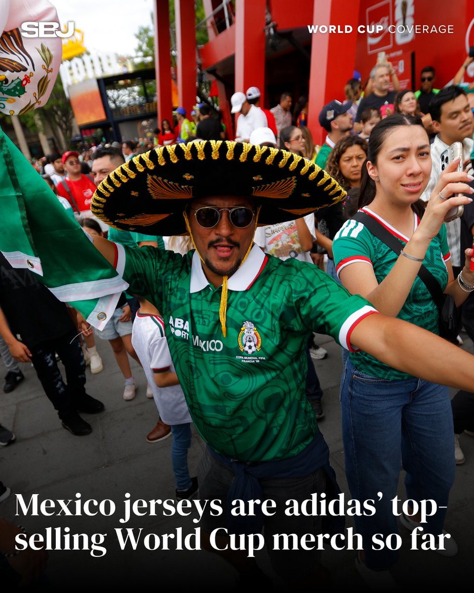 SBJ's tweet photo. Mexico is the breakout retail story of the World Cup 🇲🇽
Adidas says its "El Tri" kits are the brand's top-selling national team line, with ~55% of available inventory for Mexico’s primary green jersey already sold through.
MORE: https://t.co/CLwGQqwTik https://t.co/CEr9CYnNbb