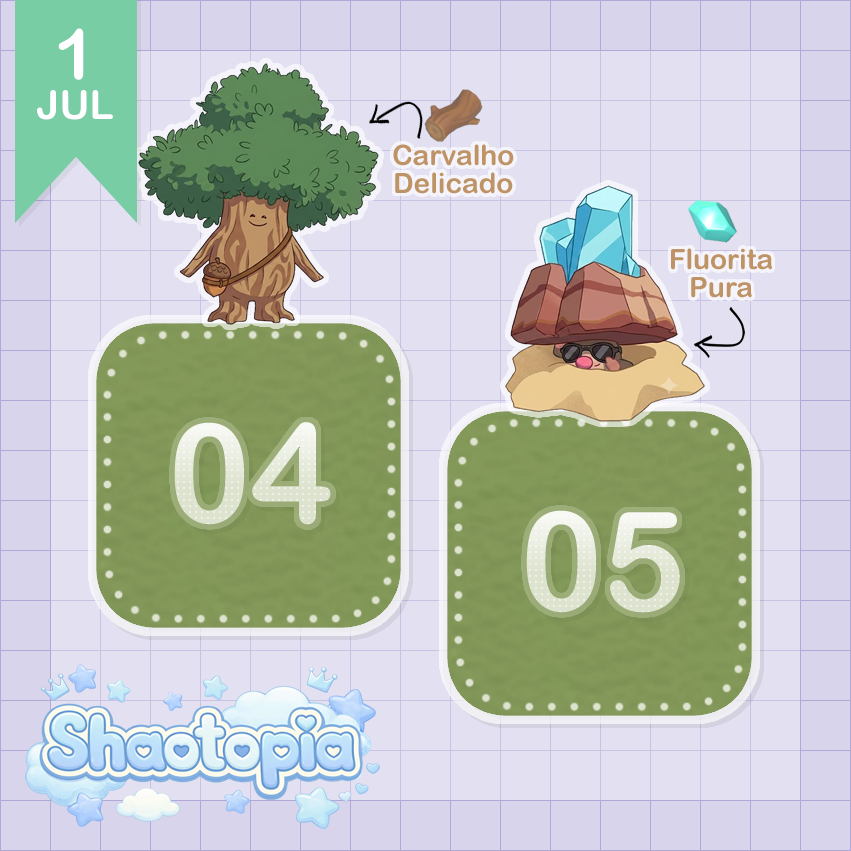 shaotopia's tweet photo. Dia 1 de Julho (Quarta-feira)
✧ Coletáveis ✧

🌳 Carvalho Delicado: Lote 04
💎 Fluorita Pura: Lote 05

#Heartopia https://t.co/VGFHcvX37M