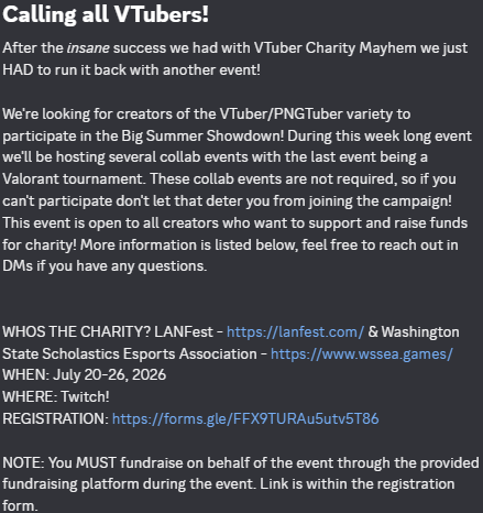 Just_Rogue_'s tweet photo. HEY VTUBERS!!! After the success with VTuber Charity Mayhem, we're running it back with new community games and special treats! Let's make this one even better! Register here: https://t.co/bDsXkx1E6Z #VTuber #Valorant #partyanimals #lockdownprotocol #fallguys https://t.co/gzg49HUHsH