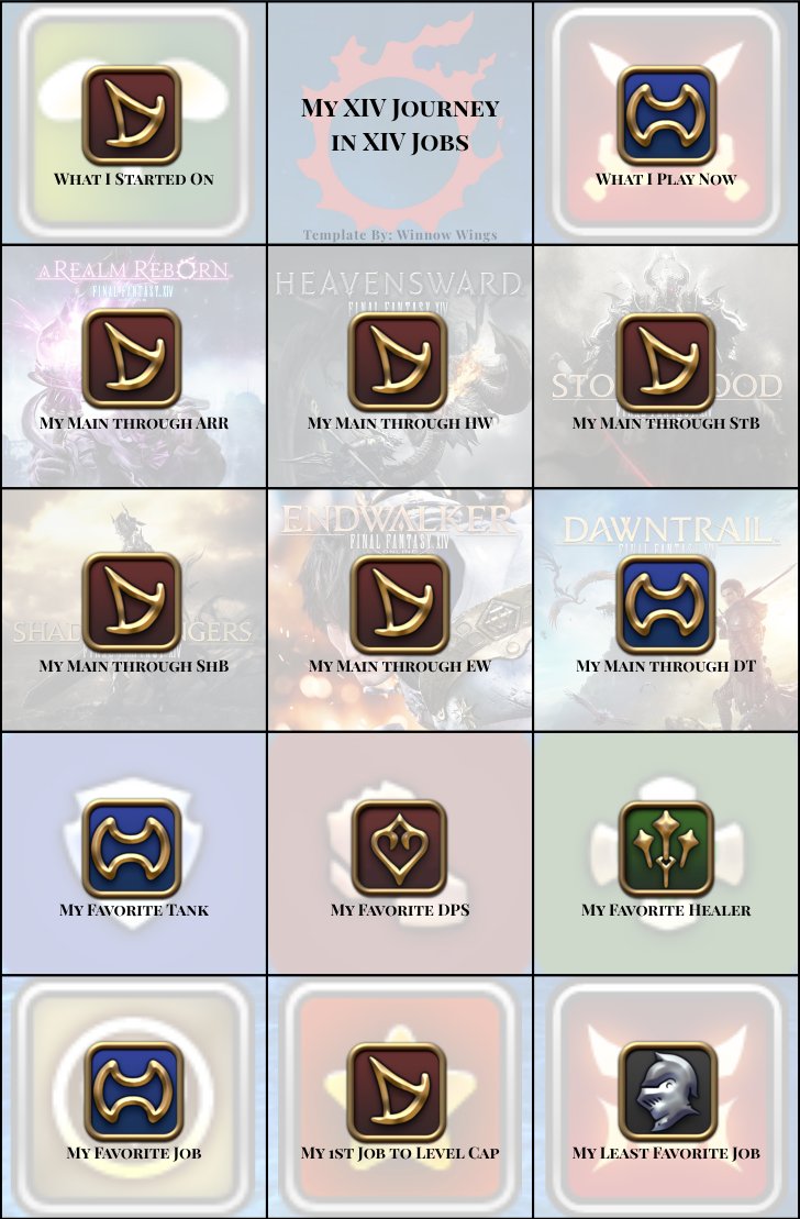 WinnowWings's tweet photo. What does our XIV story in XIV jobs say about the type of #ffxiv player we are? First one is the wife, 2nd is the husband, and 3rd is a template for you to make your own! ##ff14 #finalfantasyxiv https://t.co/GimjqtA1rB