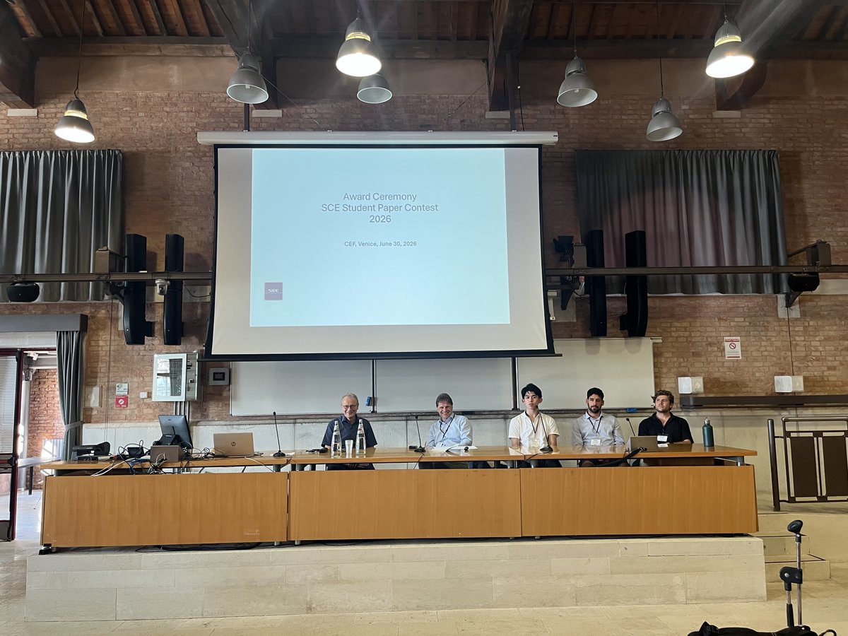 SocCompEcon's tweet photo. 🏆 Congratulations to Piero De Dominicis @p_dedominicis  (Bocconi), winner of the SCE Graduate Student Paper Award at #CEF2026 in Venice!
Runners-up: Yoshiya Yokomoto (Keio) &amp; Steven Hoekstra (Amsterdam).
Bravo to all three! 👏 

#ComputationalEconomics #Venice https://t.co/LRlBu8sH7R