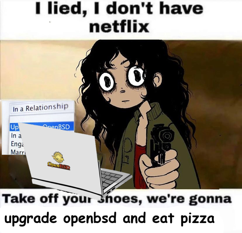 canadianbryan's tweet photo. I don't suppose I have any #openbsd #infosec (or #bitcoin millionaire) friends out there willing to signal boost my pinned profile tweet, by chance? 🐡
Thanks! You'd be really helping me out. https://t.co/5AaH0KYyFx