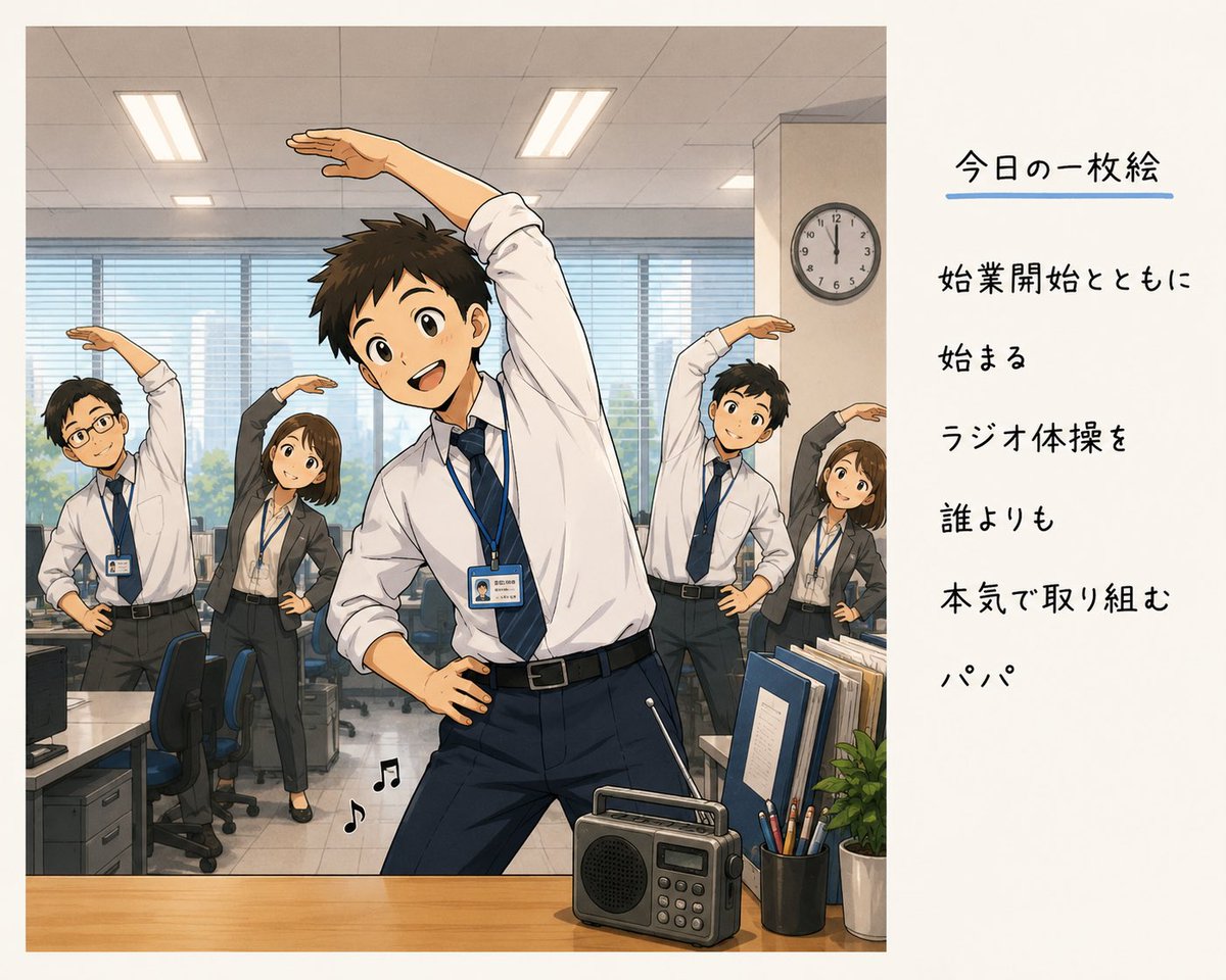 age30normalpapa's tweet photo. NHKのラジオ体操を見て、
「こんなにかっこよかったっけ？」

腕の伸ばし方、姿勢、動き。

一つひとつが本当にきれい。

以来、職場では誰よりも本気でラジオ体操をやってます笑

これも立派な運動です💪

👇記事はこちら
https://t.co/Fjv5ZfCFq2

 #30代パパ #ラジオ体操 #継続は力なり #note https://t.co/n2dsPX07lX