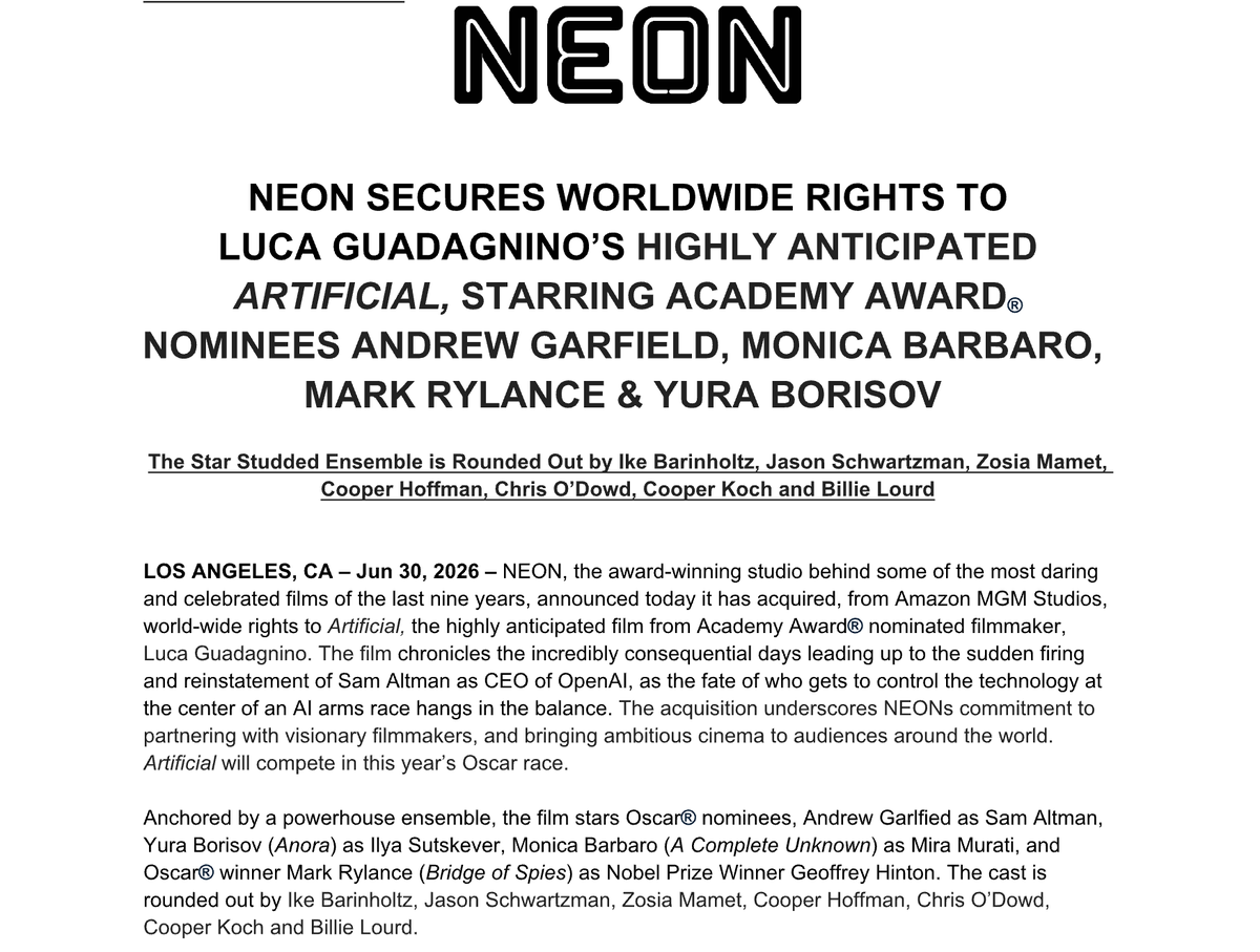 ItsTheRealDel's tweet photo. the NEON press release declares "Artificial will compete in this year’s Oscar race." https://t.co/7Nii0SBlQD