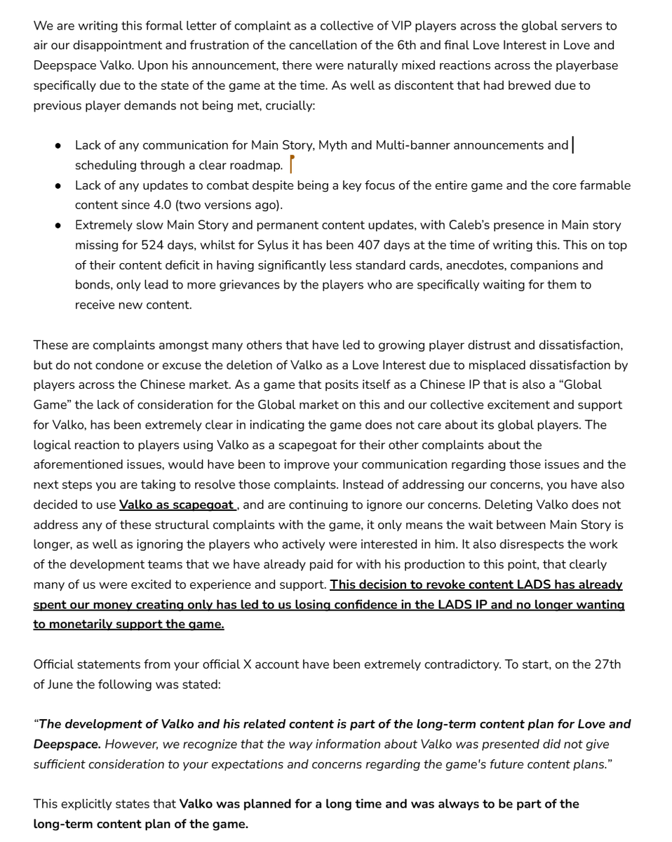 ThePsychoNyxZ's tweet photo. Hello LADS community. Please find below the letter all VIP members have committed to sending to our VIP reps below, as well as a linked copyable draft to send to customer service. 

Please find a link to where you can copy the entire Letter to send to general customer service here: 
https://t.co/IbYQD5u2hM

Customer Service Email:
loveanddeepspace-en@infoldgames.com